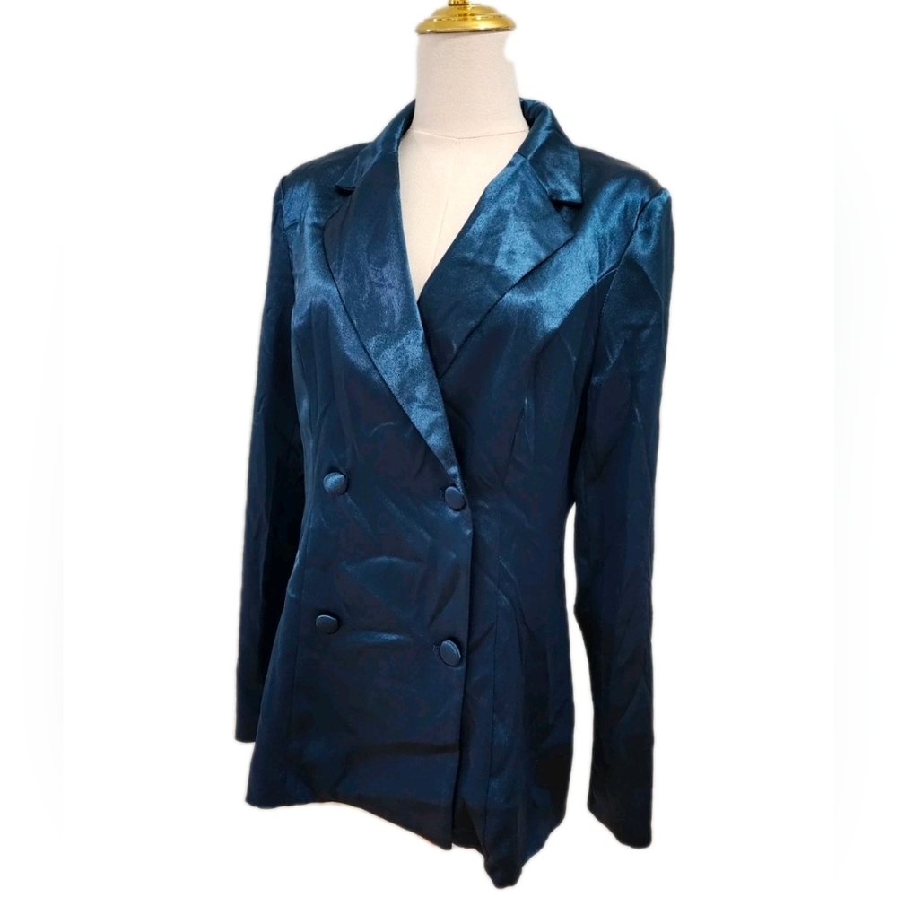 Fashion Nova Satin Blazer Reflective Metallic Blue Casual Club Jacket Size M